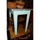 A VINTAGE BLUE ENAMEL AND GALVANISED TOPPED TABLE, width 84cm x depth 56cm x height 80cm