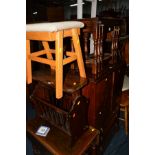 A REPRODUCTION OAK NEST OF THREE TABLES, an oak stool, oak tea trolley, magazine rack, small drop