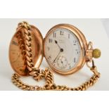 A 9CT WALTHAM GOLD FULL HUNTER POCKET WATCH AND ALBERT CHAIN, Waltham signed white dial with Roman