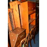 A PINE OPEN BOOKCASE together with a walnut slim fall front bureau, an Edwardian oak metamorphic