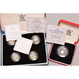 A CASED SET OF FOUR ROYAL MINT SILVER PIEDFORT ONE POUND COINS and one silver two pound coin,