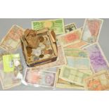 A BOX OF WORLD COINS, to include silver coins from Egypt, Saudi Arabia, Palestine, old banknotes,