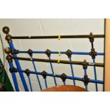 A VICTORIAN BLUE PAINTED BRASS AND METAL 4' 6'' BED FRAME with irons
