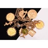 A 9CT GOLD CHARM BRACELET, the belcher link bracelet suspending fifteen charms, to include two