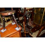 A LATE 19TH CENTURY CARVED MAHOGANY MILKING STOOL, together with a pair of brass horse figures,