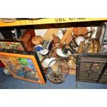 A TIN CHEST AND WOODEN CRATE containing various miscellaneous ceramics and cooking appliances