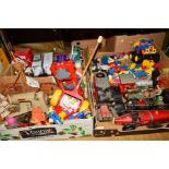 FOUR BOXES OF MODEL VEHICLES AND CHILDRENS TOYS, etc, including loose Lego and Duplo, modern vehicle