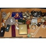 A BOX OF SILVER, SILVER PLATE AND COLLECTABLES, including silver backed dressing table items, an