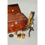 A HENRY CROUCH OF LONDON BRASS MICROSCOPE with wooden case and supplementary lenses