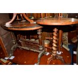 A VICTORIAN WALNUT OVAL CENTRE TABLE, together with a Victorian barley twist circular topped