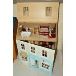 A MODERN THREE STOREY DOLL'S HOUSE AND FURNISHINGS, beige pitch roof and cream and blue finish,