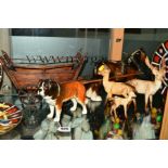 FIVE BESWICK FIGURES, to include a St Bernard 'Corna Garth Stroller' No 2221, a Stag No 981, a Doe