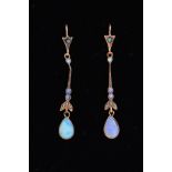 A PAIR OF OPAL DROP EARRINGS, each designed as a pear shape opal cabochon suspended from a tapered