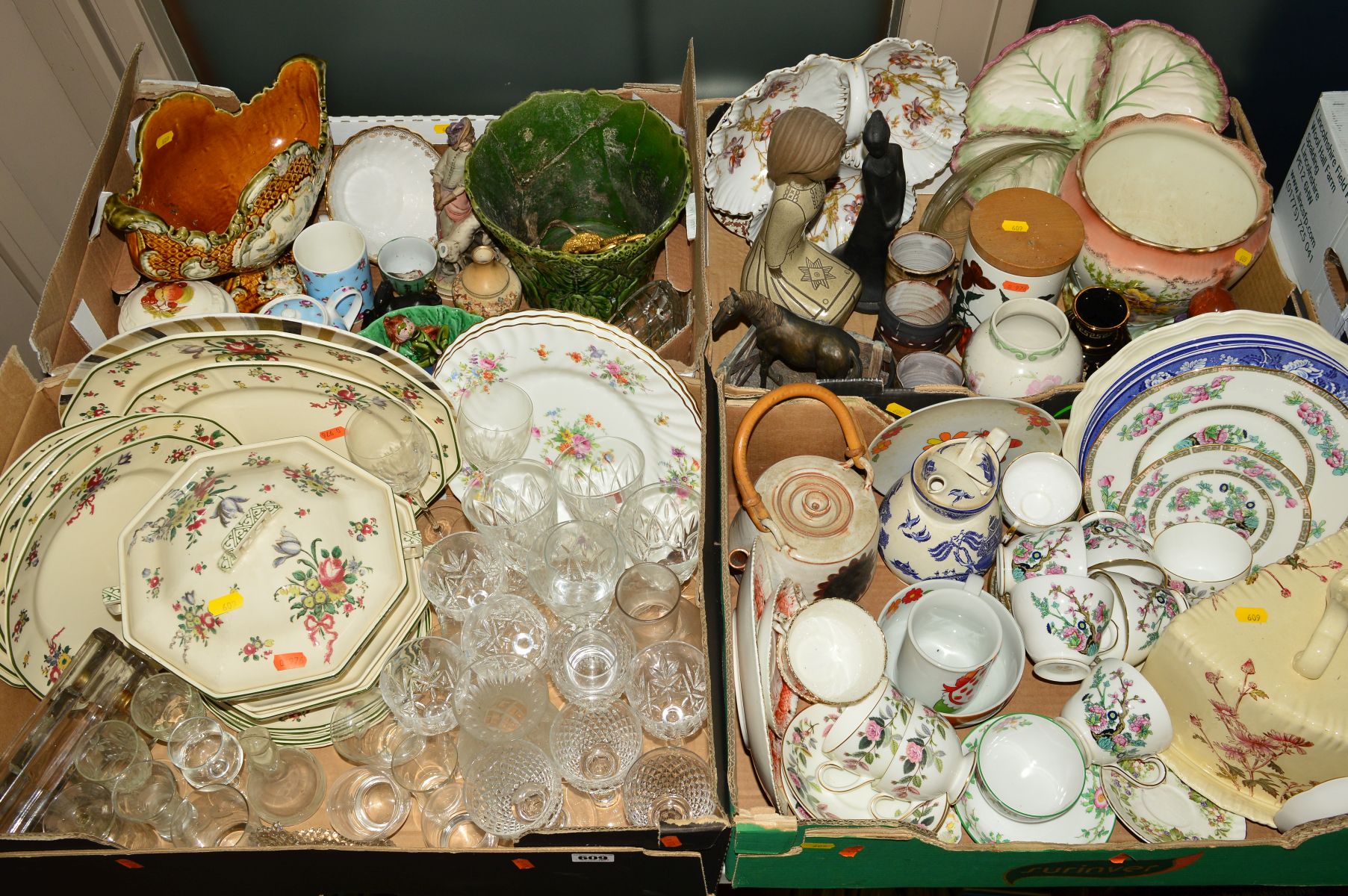 FOUR BOXES CERAMICS AND GLASS, DINNERWARES, ORNAMENTS ETC, to include Royal Doulton 'Old Leeds