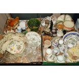 FOUR BOXES CERAMICS AND GLASS, DINNERWARES, ORNAMENTS ETC, to include Royal Doulton 'Old Leeds