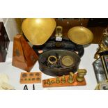 BOOTS THE CHEMIST CAST IRON WEIGHING SCALES AND VARIOUS WEIGHTS, together with Maelzel metronome,