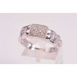 A 9CT WHITE GOLD DIAMOND RING, the central regular panel set with twelve single cut diamonds to