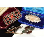 FIVE BROOCHES, to include a dyed coral and marcasite rectangular openwork brooch, a mid Victorian