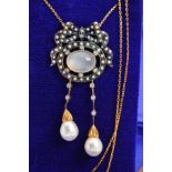 A DIAMOND, PEARL AND MOONSTONE PENDANT NECKLACE, designed as a central oval cabochon moonstone
