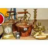 BRASS AND COPPER ETC, to include two copper kettles, two pairs of brass candlesticks, brass carriage