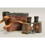 A PAIR OF WWI ERA ROSS OF LONDON STEREO PRISM MILITARY BINOCULARS, in brown leather case, crow