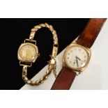 TWO 9CT GOLD WRISTWATCHES, the first a Dennison cushion shaped cased watch, cream dial with Arabic