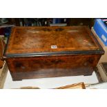 A 19TH CENTURY WALNUT AND EBONISED CASE FOR A CYLINDER MUSIC BOX, no fittings (losses to veneer