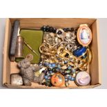 A SMALL BOX OF COSTUME JEWELLERY etc, to include necklaces, brooches, a silver teddy bear, with