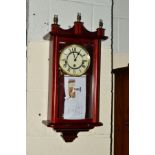 A MODERN RAPPORT MAHOGANY WALL CLOCK, height 60cm (key and pendulum)