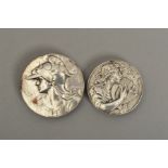 TWO HEAVY GRADE WHITE METAL MEDALLIONS, both French, one is marked 'Ecole de Musique de Paris'