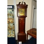 A GEORGE III OAK LONGCASE CLOCK, the broken swan neck pediment with brass rosette mounted scrolls