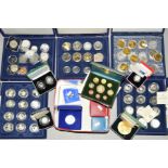 FIVE COIN CASES AND A TIN OF COINS AND COMMEMORATIVES, to include many silver proofs, a rare 1992/93