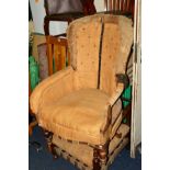 AN OAK VICTORIAN SPOONBACK ARMCHAIR (distressed - no upholstery) together with a fireside chair (