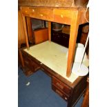 AN EARLY 20TH CENTURY OAK SCHOOL DESK with two deep drawers, width 122cm x depth 77cm x height