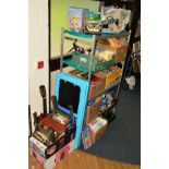 A QUANTITY OF VINTAGE TOYS AND BOOKS ETC, to include 'Bigtrak' radio shack, 'Armatron', board games,