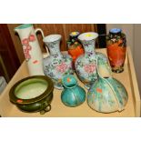 A GROUP OF VASES, JUGS AND PLANTER, to include a pair of Wood & Sons 'Sheraton' vases, height