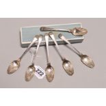 A SET OF SIX GEORGE II/111 SILVER SHELL BOWL TEASPOONS, feathered handles, bears makers mark for