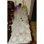 A GROUP OF CUT/COLOURED GLASSWARES, to include a set of six harlequin wine glasses, two claret