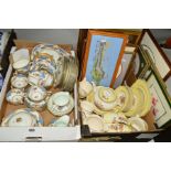 TWO BOXES OF TEAWARES AND CROSS STITCH PICTURES, including a breakfast set with retailers stamp