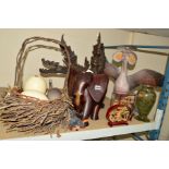 SUNDRY ITEMS to include wooden elephant sculpture, wooden Thai angel bird sculpture, Chinese cork 3D