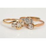 THREE RINGS, the first a 9ct gold three stone diamond ring in a twist design mount, stamped