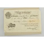 A BANK OF ENGLAND FIVE POUND BANKNOTE, London 1st July 1944, Peppiatt missing corner