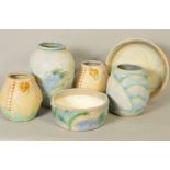 A GROUP OF BOURNE DENBY DANESBY WARE PASTEL VASES, BOWLS ETC, to include a pair of vases, moulded