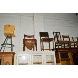 SEVEN VARIOUS DINING CHAIRS, to include an Edwardian chair, fireside armchair, rush seated chairs,