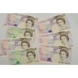 FIVE GILL CONSECUTIVE TWENTY POUND ERROR BANKNOTES, A96 part of twenty is missing ink and the 'D' in