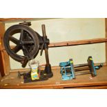 A VINTAGE CAST IRON PILLAR DRILL with accessories, together with a Record No 52 bench vice (2)