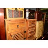 A MODERN KITCHEN UNIT/TABLE with five drawers, two various hardwood bedside cabinets, leatherette