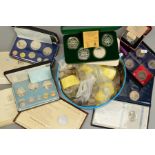 A TIN AND SHOE BOX OF A LARGE AMOUNT OF 20TH CENTURY COINAGE, to include proof sets Belize 1974,