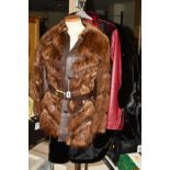 A LADIES ACETATE LEATHER/FUR BELTED JACKET, a faux fur coat and a Vera Pelle jacket (3)