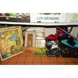TWO BOXES, A BAG AND LOOSE PICTURES, SPORTING ITEMS, etc to include handbags, hats, Gray-Nichols